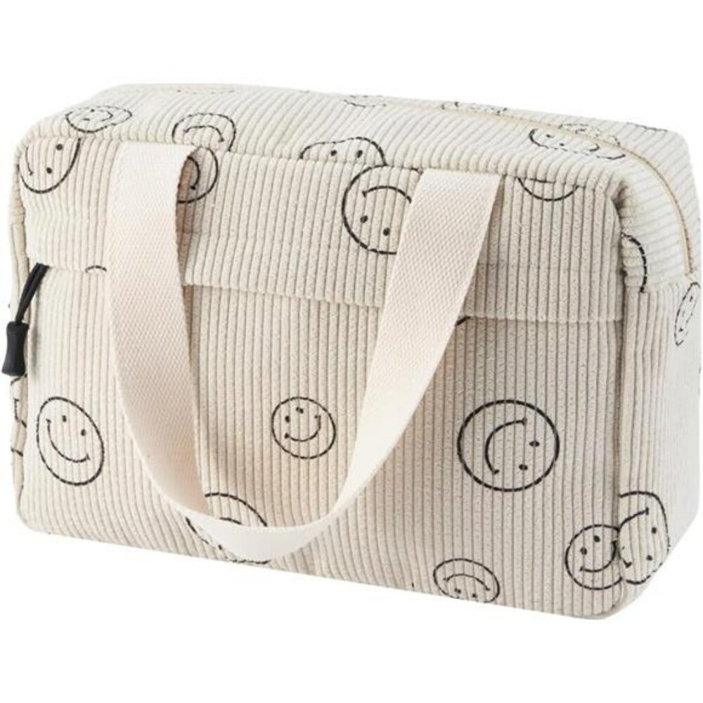 Large corduroy makeup bag with handle travel cosmetic toiletry organizer pouch